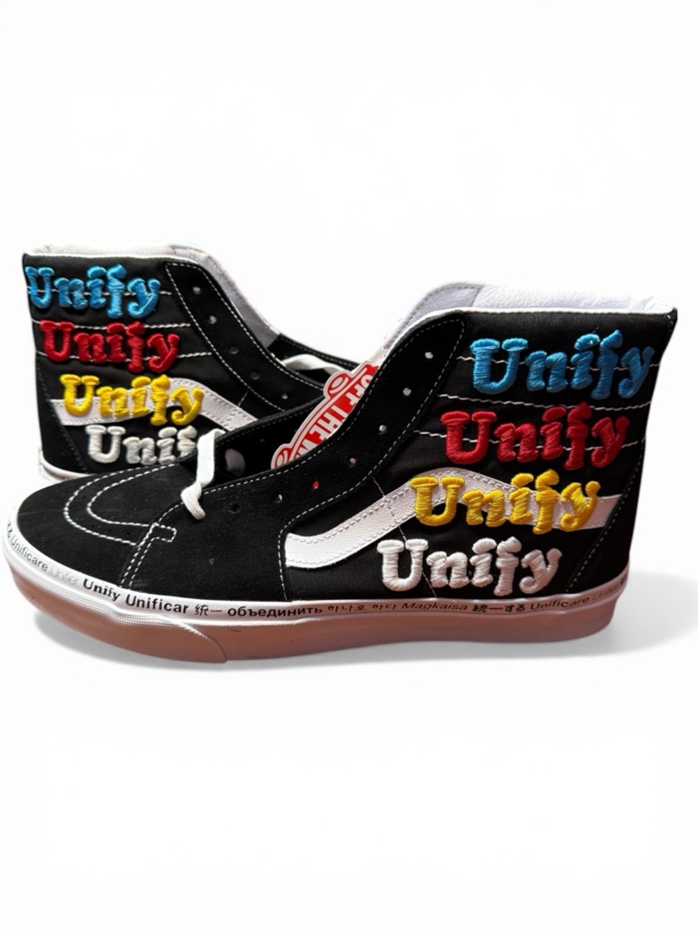 Men’s Vans Black High-Top Sneakers with Blue, Red, Yellow & White Embroidery